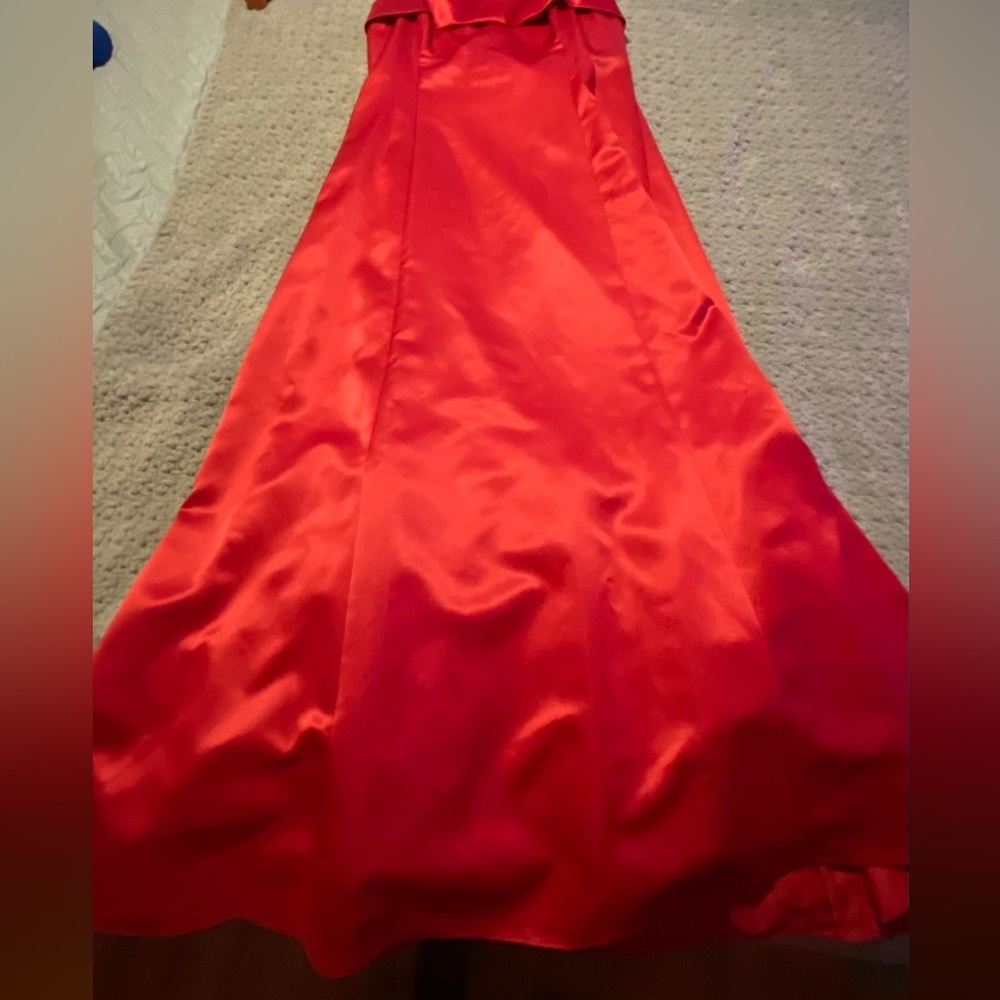 Red satin strapless dress